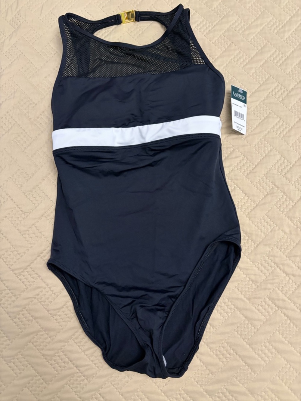 Lauren Ralph Lauren Navy Swimsuit with White Waistband and Gold Clasp
